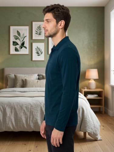 Image of CAMEY Men's Plain Solid Long Sleeve Polo T-Shirt | Regular Fit | Collared Casual Cotton Blend Tee with Chest Pocket | Everyday Comfort Wear