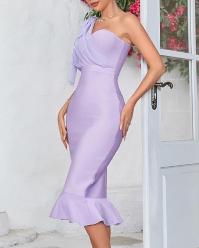 Image of houstil Women's One Shoulder Fishtail Wedding Guest Bandage Dress Mesh Midi Graduation Bodycon Party Club Dresses