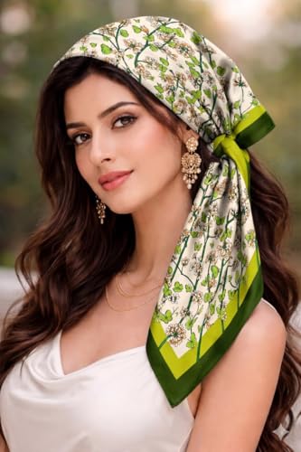Image of Silk Like Head Scarf for Women Stylish Bandanas for Women Vintage Hair Scarf Wrap and Sleeping, Boho Floral Print Square Bandana Gift