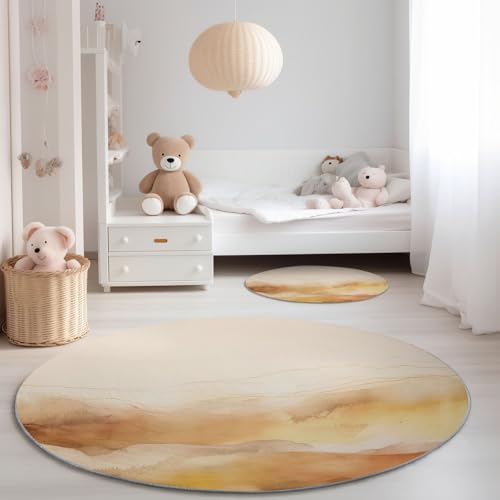 Genérico Alfombra Redonda para Sala de Estar 90 cm, Estilo Acuarela Abstracto Paisaje Imprimir Pelo Corto Franela Alfombra Redonda - Beige Antideslizante Lavable Alfombras para Dormitorio