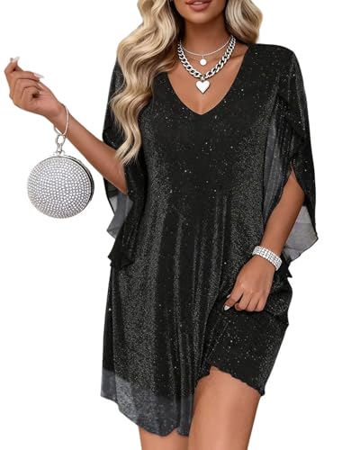 Gettalocky Black Sequin Cocktail Dress Women with 3/4 Chiffon Sleeve V Neck Double Layer Tunic Flowy Party Dress,GT00427-Black,L