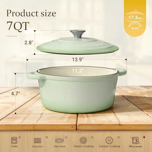 Image of Overmont Enameled Cast Iron Dutch Oven - 7QT Pot with Lid Cookbook & Cotton Potholders - Heavy-Duty Cookware for Braising, Stews, Roasting, Bread Baking Verdant