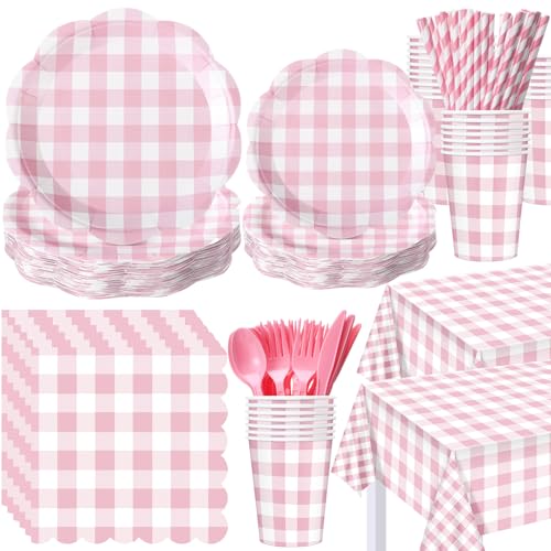 Image of Funnymoom 452 Pcs Pink Gingham Party Supplies for 50 Guests, Pink Gingham Paper Plates Napkins Cup Tablecloth Disposable Tableware for Wedding Bridal & Baby Shower Party BBQ Picnic Birthday Decoration