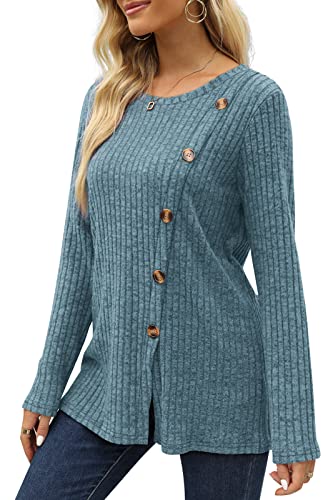 Ofeefan Long Sleeve Shirts For Women Tunics Ladies Sweaters Winter Tops Blue L #TOP3