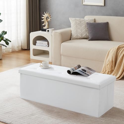 VECELO 収納スツール オットマン 収納ベンチ 収納ボックス 幅110*奥行き38*高さ38CM 耐荷重100kg 折り畳み可能 踏み台 足置き リビング/玄関/寝室適用 おもちゃ箱 洋服収納 化粧品収納ボックス 白 [2]