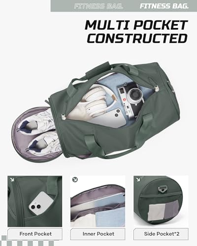 Image of Gym Bag for Women & Men with Wet & Shoe Compartment, Small Duffle Bag for Travel, Sport, Gym, Workout, Overnight, Weekender, Carry-on - Dark Green