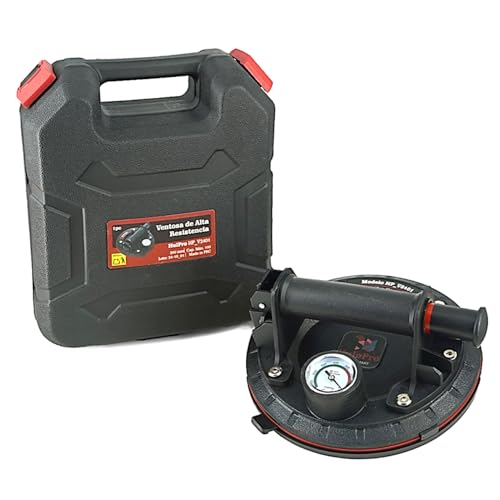 HulpPro 1 UN Ventosas para Cristal 200mm Ventosas para Azulejos con Manómetro de Presión y Estuche, Capacidad 100Kg, Eleva y Transporta Azulejos, Cristal, espejos, ventanas, Superficies Lisas