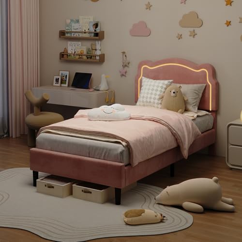 Image of GarveeHome Twin Upholstered Smart LED Bed Frame with Headboard, Velvet Princess Platform Bed Frame for Kids, Wooden Slats Support, No Box Spring Needed (Pink, Twin)