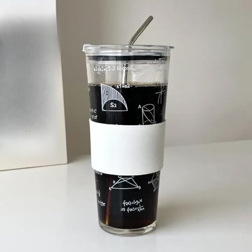 耐熱ガラス ガラスカップ付き カフェ風 スリーブ付き ガラスマグ 900ml 大容量 グラス フタ付き ストロー付き タンブラー 透明 漏れ防止 おしゃれ 直飲み& ジュース コーヒーグラス 水筒 ドリンクボトル 男女兼用 (B)