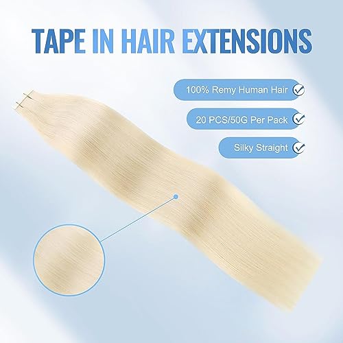 Image of Sixstarhair Invisible Tape In Hair Extensions Real Human Hair Bleached Blonde Remy Tape Hair Extensions Ash Blonde for Woman 20 Pieces 50g [Color #60 22 inch]