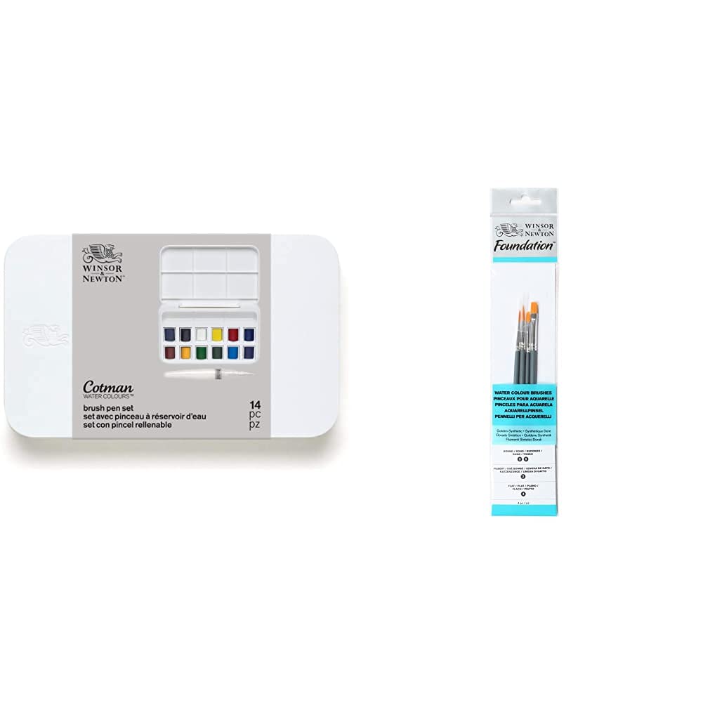 Winsor & Newton acuarela Cotman Set de acuarela con pincel rellenable, 12 medio godets, colores surtidos + Pinceles de Acuarela, Madera, Multicolor, 7 x 1 x 4.3 cm, 4 Unidades