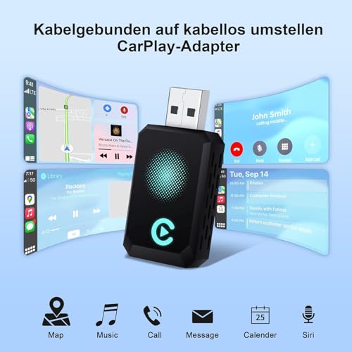 CAENEEDER Wireless Carplay Adapter, Convert Wired to Wireless CarPlay, Compatible with A-pple CarPlay, Plug and Play, Type-C/USB, Suitable for 800+ Vehicles