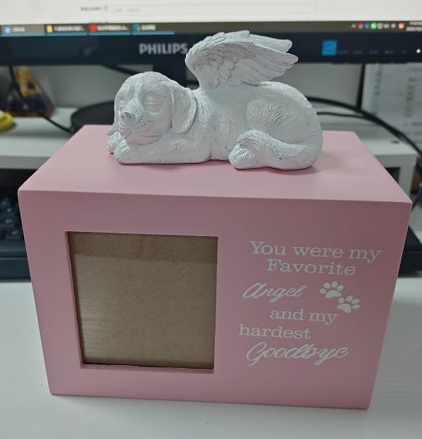 Dog Urns for Ashes, Pink Wooden Keepsake with Photo Frame, Pet Memory Box with Resin Dogs Angel Statue and Sealed Storage Bags (Up to 75lbs)