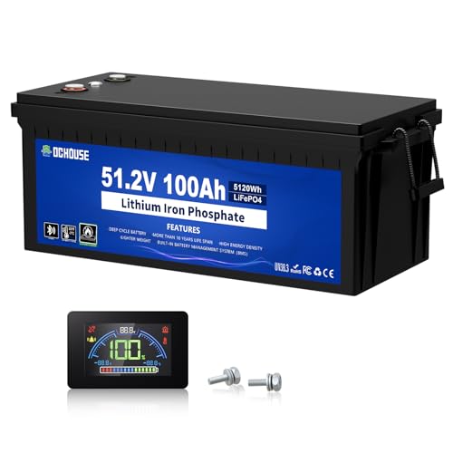 DCHOUSE 48V 100Ah Lifepo4 Battery, Built-in 200A BMS, LCD Monitor & Mobile APP, One Touch Switch, Peak Current 700A, 4000+ Deep Cycles Lithium Battery for Club Car, Golf Carts, Caravans, Solar Systems