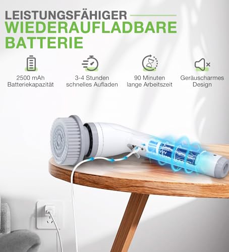 Elektrische Reinigungsbürste mit 4 Aufsätzen, 400 U/min Turbo, Teleskopgriff & 2500mAh Akku – Bad, Küche, Fliesen, Auto, Fugen – Kabellos & wasserdicht
