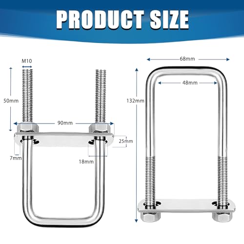 Image of Square U-Bolt, Stainless Steel Square Bend U Bolts with Nuts and Frame Plate for Automobiles Trailer, Ski Boat, or Sailboat Trailer, 2 inch W x 4.3 L,M10*50 * 130