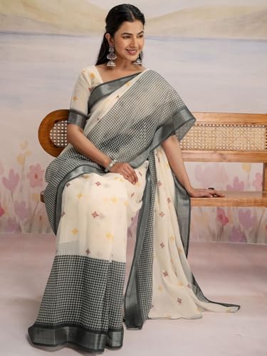 Image of Satrani Women's Linen Printed Ready To Wear Saree with Unstitched Blouse Piece