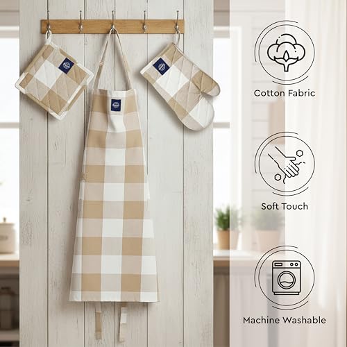 Image of Encasa XO 100% Cotton Apron Set for Women & Men with Adjustable Apron, Oven Gloves & Pot Holder (Pack of 3) Combo, Heat-Resistant, Soft & Durable for Cooking, Baking & Grilling (Buffalo Beige Checks)