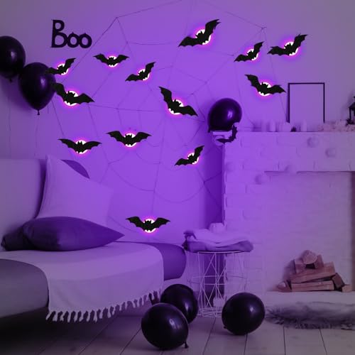 Behogan Halloween Fledermaus Deko: 24 Stück PVC 3D Fledermaus Deko, LED Fledermaus Deko Wandaufkleber, Halloween Wandaufkleber, LED Lichtdeko für Innen und Außen, Deko-Set für Party und Fenster