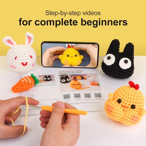 XSEINO Crochet Kit for Beginners - Crochet Start Kit with Step-by-Step Video Tutorials - Learn to Crochet Kits for Adults and Kids - Pig,Pikaegg,Owl,Whale