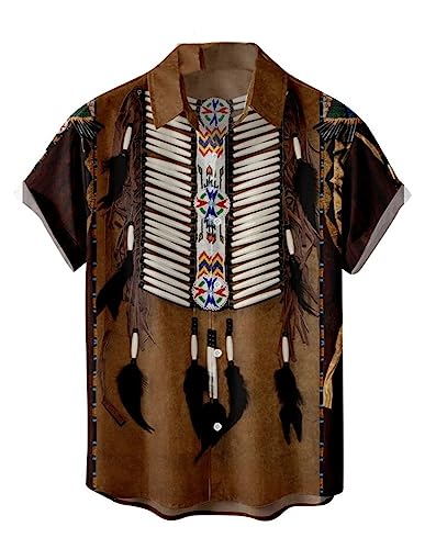SIAOMA Mens Native American Shirt Native Indians Short Sleeve Button Down T-Shirt Tops(Brown Stripe X-Large)