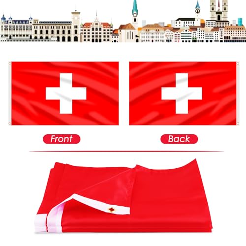 Image of AhfuLife Switzerland Flag 3x5 Ft, Large Switzerland National Flags for Outside - Double Side with Brass Eyelets for Olympic Party Decorations, Bar Garden Street Decoration Indoor Outdoor