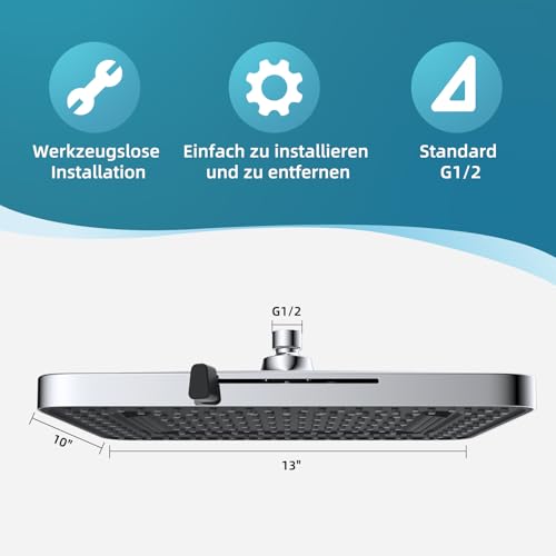 Hibbent 13 Zoll Regen-Duschköpfe, 5 Sprüher Regenfall-Duschkopf, Quadratische Einbau-Duschköpfe, Schwenkbarer Strahlwinkel, üppiges Duscherlebnis, Einfache Installation, Chrom