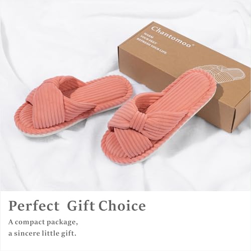 Image of Chantomoo Slippers for Women Memory Foam House Womens Slipper Slides Home Bedroom Bathroom Spa Open Toe Corduroy Bow Slippers Cozy Comfortable