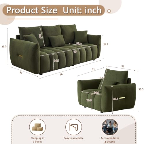 Image of Antetek Teddy Fabric Sofa Set for Living Room, Modern Deep Seat Sofa Chair and Oversized 3-Seater Cloud Boucle Couch for Bedroom, Office, Apartment, Furniture Set, Green (2 Piece)