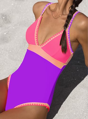 Image of popvil Women One Piece Swimsuit Colorblock Ruched Bathing Suit | Adjustable slider straps, Multi neon trim, Long torso, Detachable padding, Quick dry fabric, Beach Vacation