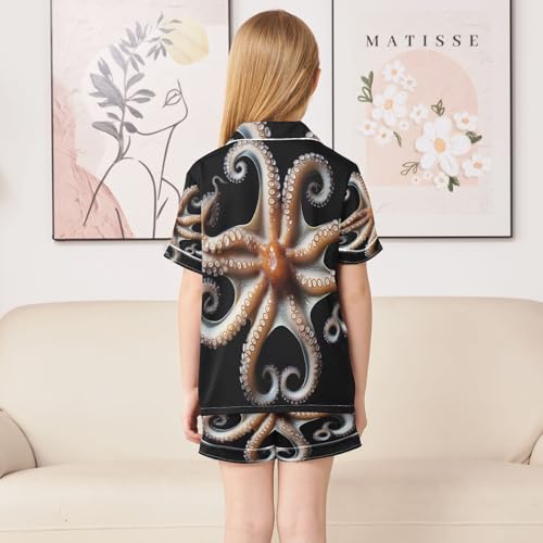 ALAZA Octopus Kraken Black Satin Pajamas Set Short Sleeve Button Down Sleepwear Summer Pjs 2 Piece4