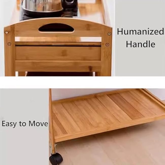 Kitchen Carts on Wheels with Drawers and Guardrails, Made of Bamboo Polished Smooth, 3 Tier Rolling Cart, for Kitchen, Dining Room, Living Room(Brown)-OFo2b6Hp