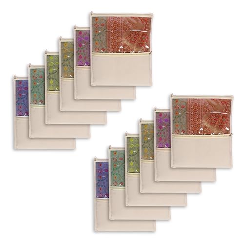 Image of AMJI FLUX WORKS Pure Cotton Saree Bags with Zip & Blouse Pocket set of 12 Big Size 17x15 Inch Transparent PVC Window Saree Covers for Storage Expert Stitching Wardrobe Organiser Beige