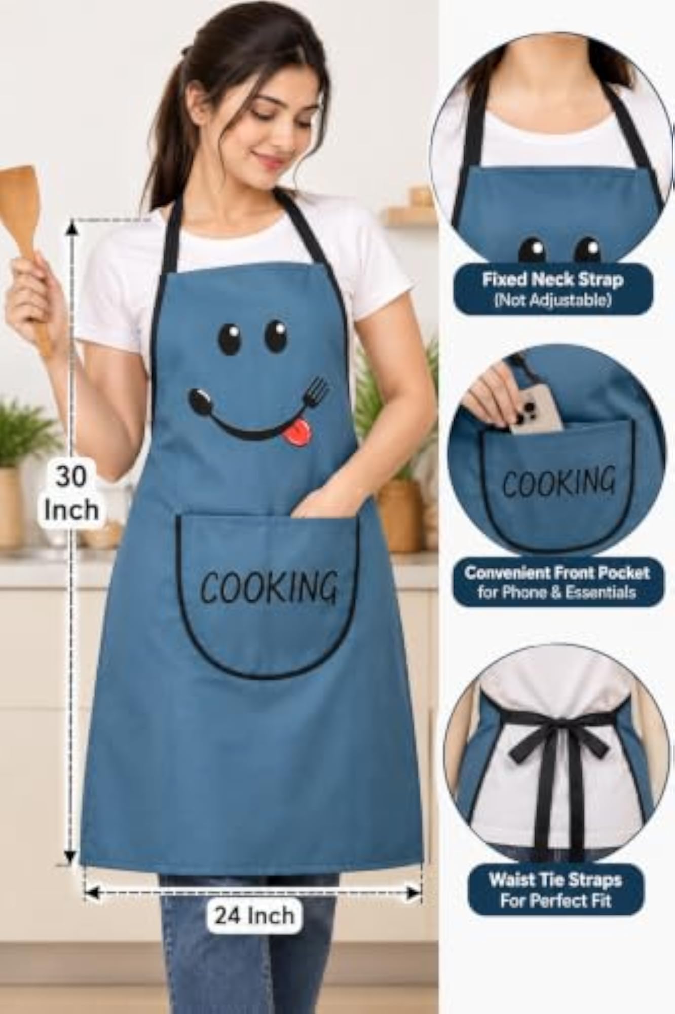 Unisex Blue Smiley Face Cooking Apron with Front Pocket