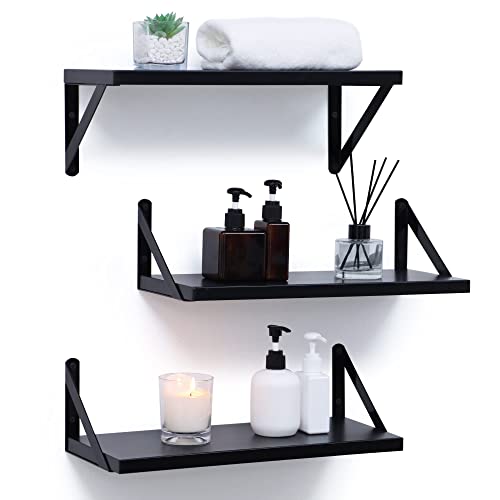 Black Floating Shelves Set of 3, Wall Mounted Wooden Shelves for Wall Decor Storage, Floating Book Shelf with Bracket, Modern Wall Shelves for Bathroom, Living Room, Bedroom
