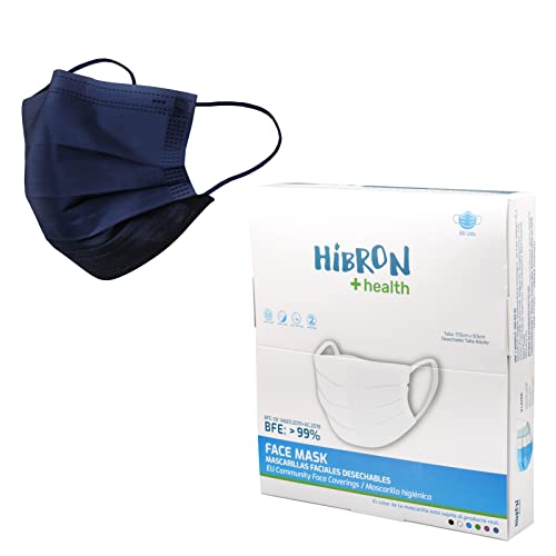 HIBRON 50 Mascarillas Desechables Homologadas Europea, CWA 17553: 2020, BFE  99%, Azul Marino