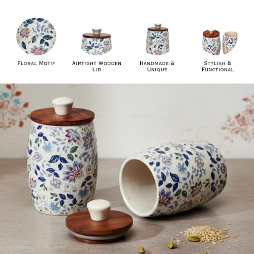 Image of Vistas 'Blue Bloom' Set of 2 Airtight 420ml Ceramic Jar for Kitchen Storage | Handcrafted Ceramic Barni with Wooden Lid | Multipurpose Pickle, Spice & Salt Container