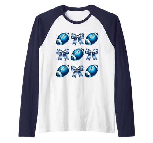 Football Coquette Blue Bow Game Day Women Girl Rugby Cheer Camiseta Manga Raglan