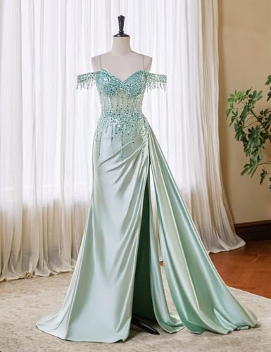 ForElise Women's Off Shoulder Satin Prom Dresses 2025 Long Slit Beaded Mermaid Corset Formal Evening Gown4