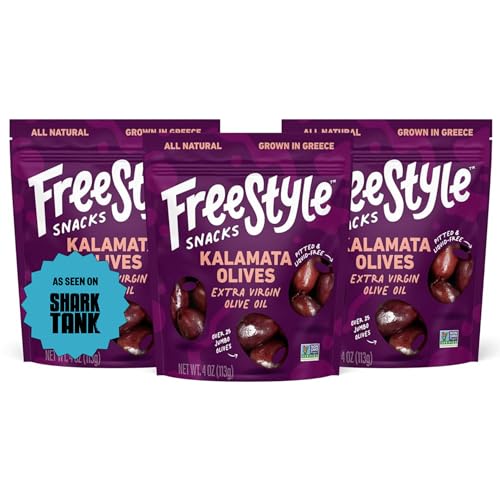Freestyle Snacks Olive Snack Packs - As Seen on Shark Tank - Fresh Pitted Kalamata Olives Marinated in Extra Virgin Olive Oil Salty Snack Grown in Greece All Natural Non-GMO 4oz (3 Pack)