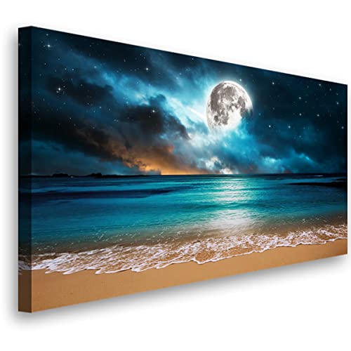 Lienzo de playa Moon Beach para decorar salones modernos en azul y blanco
