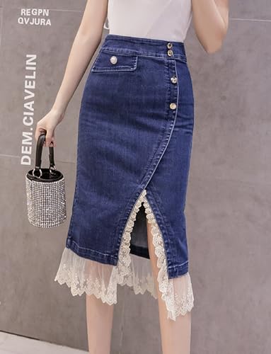 Kisidoo Women's Split Denim Skirt with Lace Stitching at Hem3