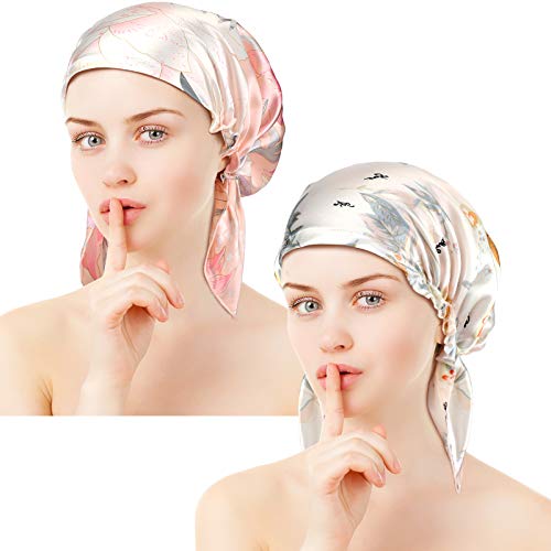 2 Pieces Women Silk Bonnet, Real Silk Night Sleeping Cap Smooth Soft for Long Hair Bonnet Hat(Exquisite Pattern)