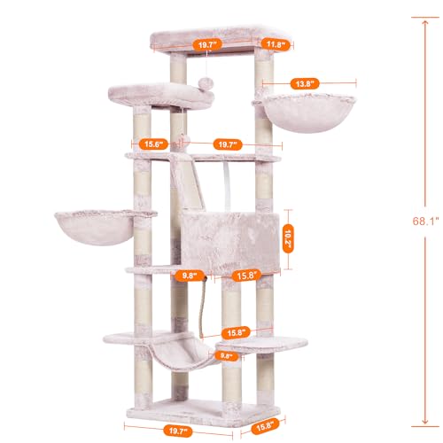 Image of Heybly Cat Tree, 68 inch Multi-Level Cat Tower for Indoor Cats HCT025MU | Cat Condo with 2 Widened Plush Perches, 2 Cozy Baskets, Scratching Board and Big Caves, Rosy Brown