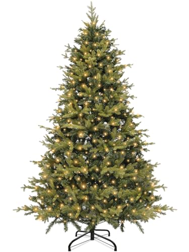 6 Ft Prelit Aspen Fir Artificial Full Christmas Tree with Bright Warm White Lights, 934 Realistic-Feel PE & PVC Mixed Branch Tips, UL Plug Hinged Design Xmas Tree for Holiday Home Decor