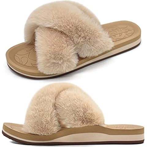 ONCAI Women's Faux Fur Sliders ladies Open Toe Memory Foam Slippers With Arch Support,Beige,Size UK 6 Cover