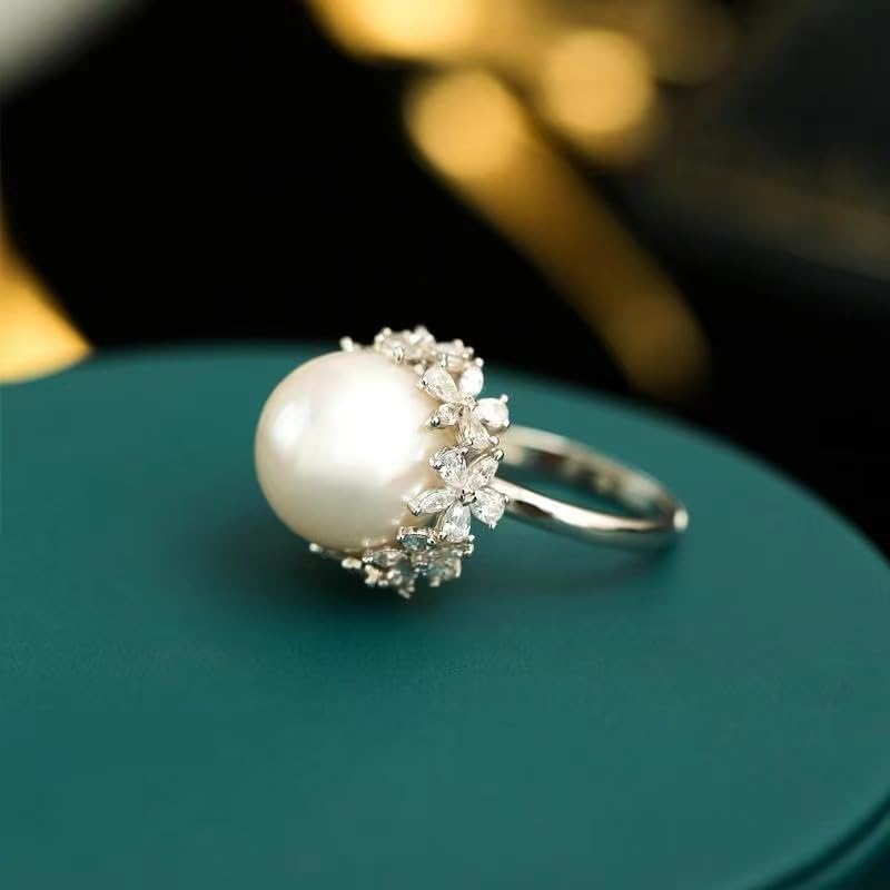 Adjustable 925 Sterling Silver Pearl Ring - 10-12mm Freshwater Cultured Pearl with Floral Open Band - Elegant Minimalist Statement Ring - Image 3