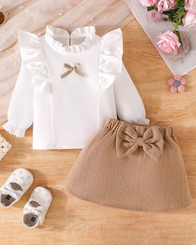 Baby Girl Clothes Sets: 2 Piece Ruffle Sleeve Bowkont Shirts Mini Skirt Fall Winter Outfits for Toddler 9-48 Months2
