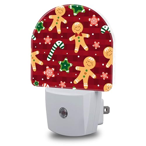Image of Candy and Star Night Lights Plug into Wall Christmas Red Gingerbread Night Light Dusk to Dawn Smart Sensor Decorative Round Led Lamp for Bedroom Kitchen Hallway Nightlight for Women Men