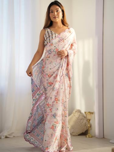 Image of Panzora Women's Chinon Printed Saree With Unstitched Blouse Piece